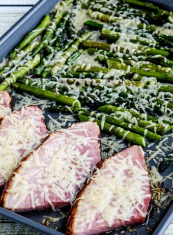 Easy Cheesy Baked Ham and Asparagus finished dish on sheet pan