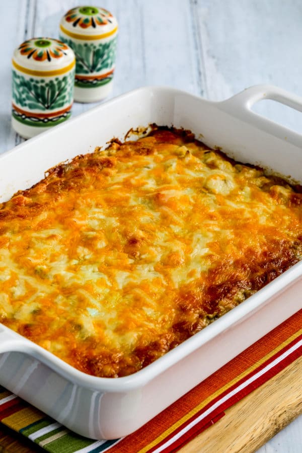 Layered Mexican Casserole with Chicken and Cauliflower Rice finished casserole in baking dish