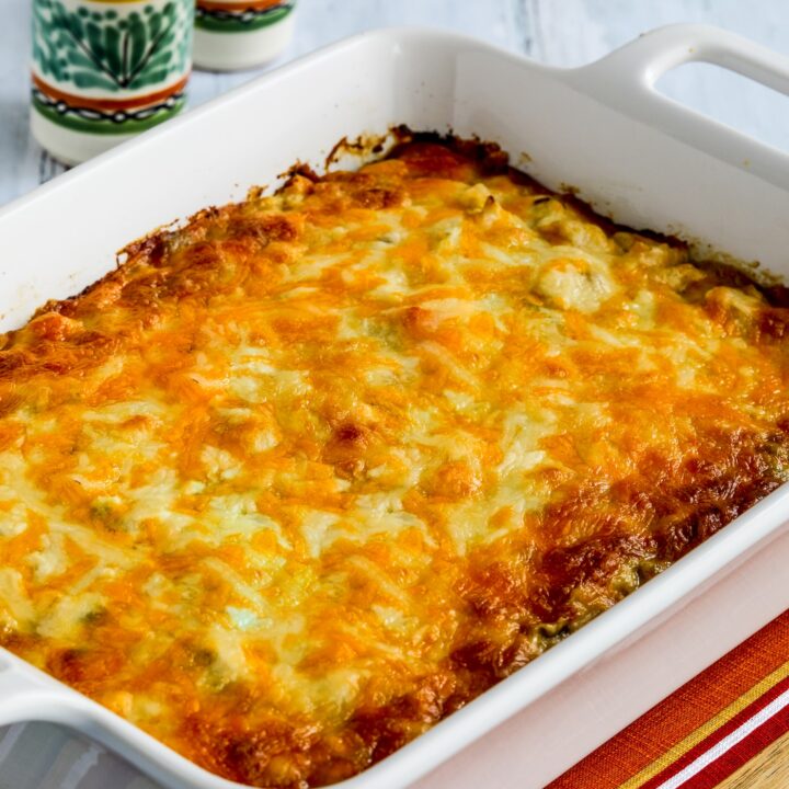 Layered Mexican Casserole with Chicken and Cauliflower Rice finished casserole in baking dish