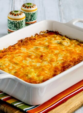 Layered Mexican Casserole with Chicken and Cauliflower Rice thumbnail square image of finished casserole in baking dish
