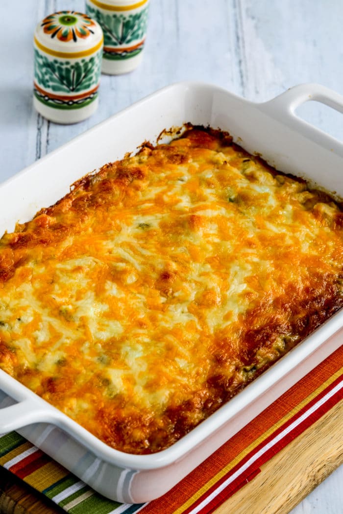 Layered Mexican Casserole with Chicken and Cauliflower Rice shown in baking dish