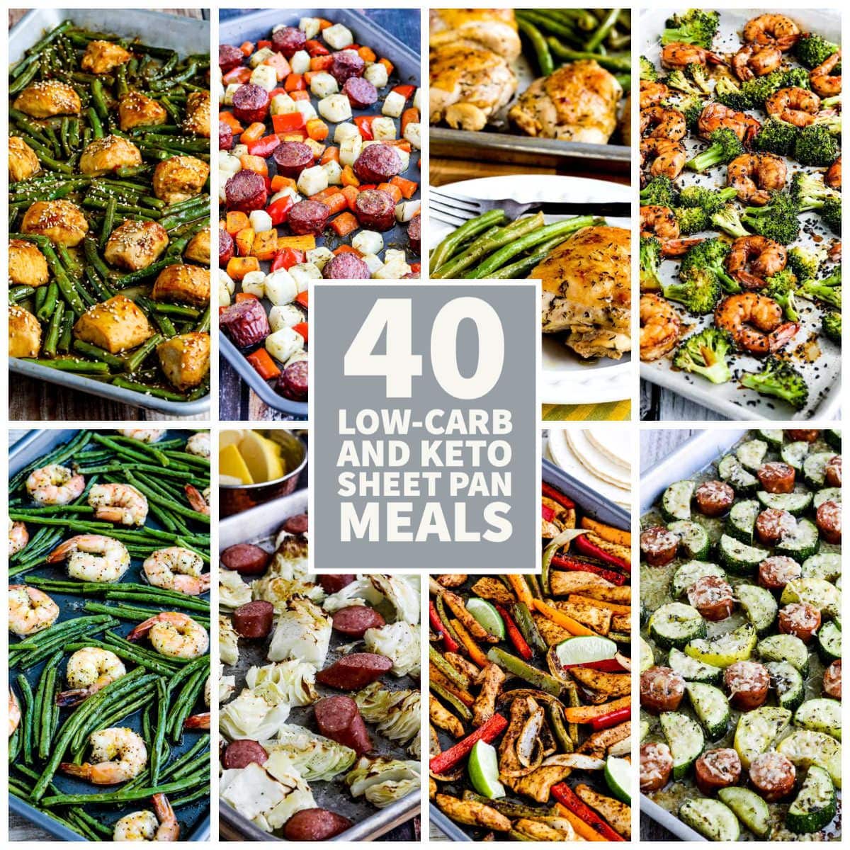 Collage of 40 Low-Carb and Keto Sheet Pan Meals showing featured recipes
