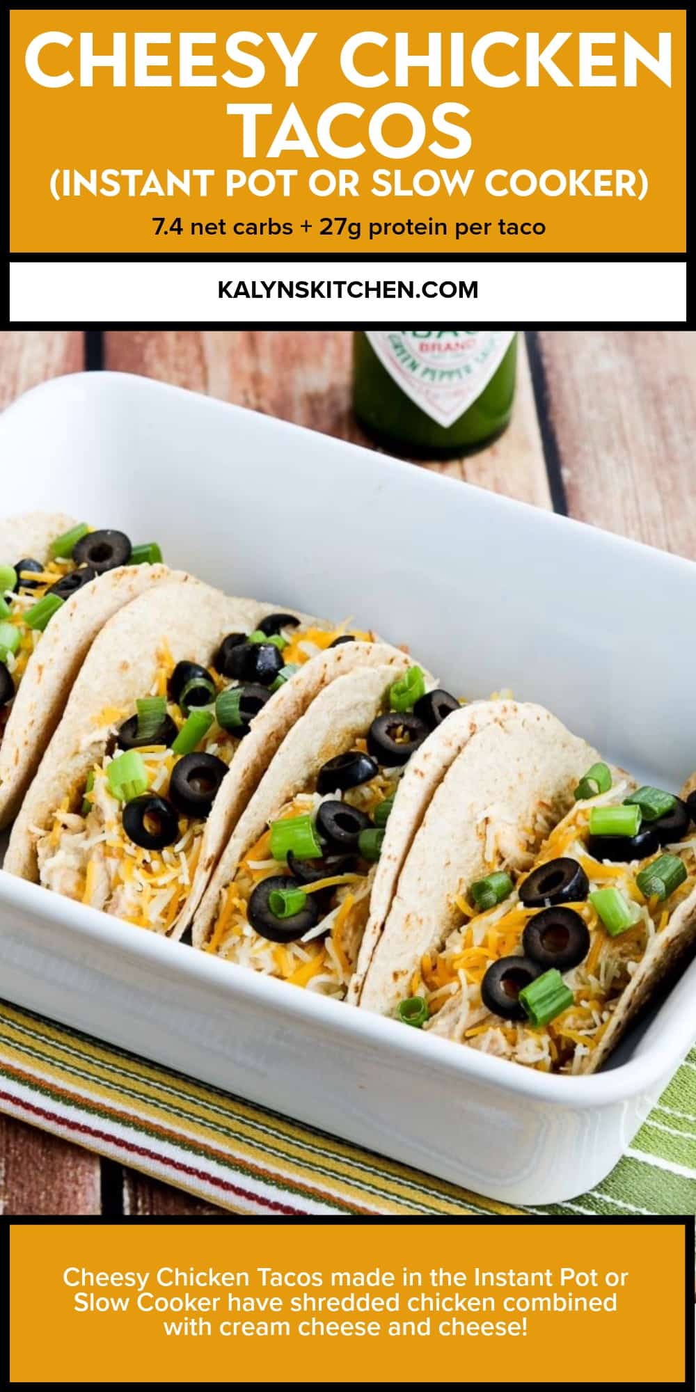 Pinterest image of Cheesy Chicken Tacos (Instant Pot or Slow Cooker)