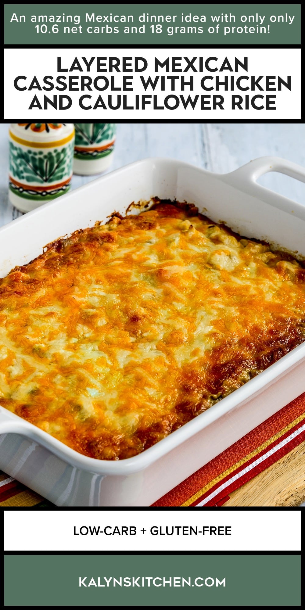 Pinterest image of Layered Mexican Casserole with Chicken and Cauliflower Rice