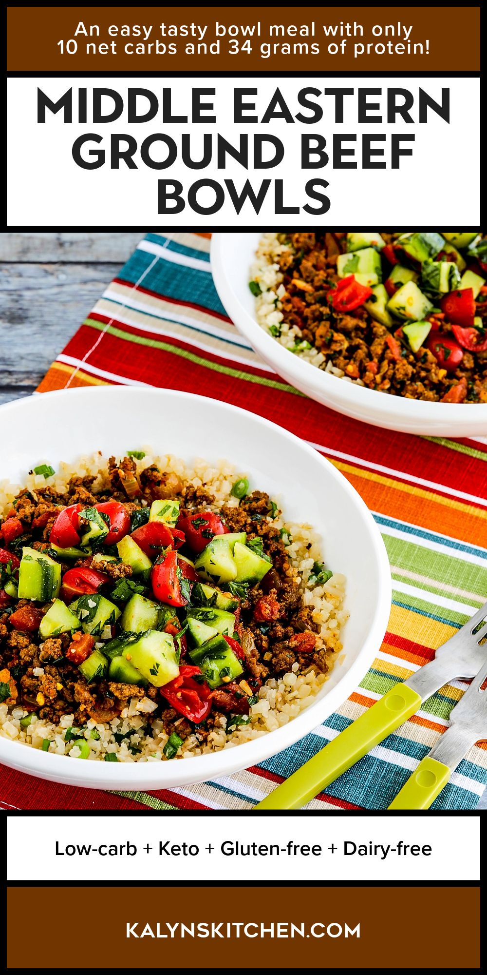 Pinterest image for Middle Eastern Ground Beef Bowls shown with two bowls on striped napkin.