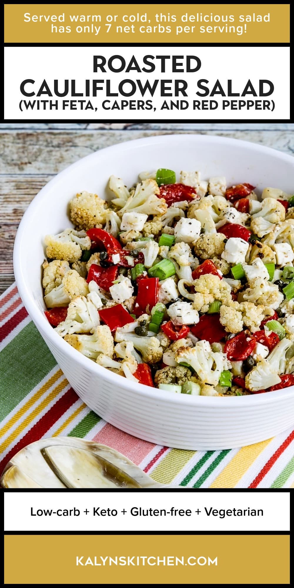 Pinterest image of Roasted Cauliflower Salad (with Feta, Capers, and Red Pepper)