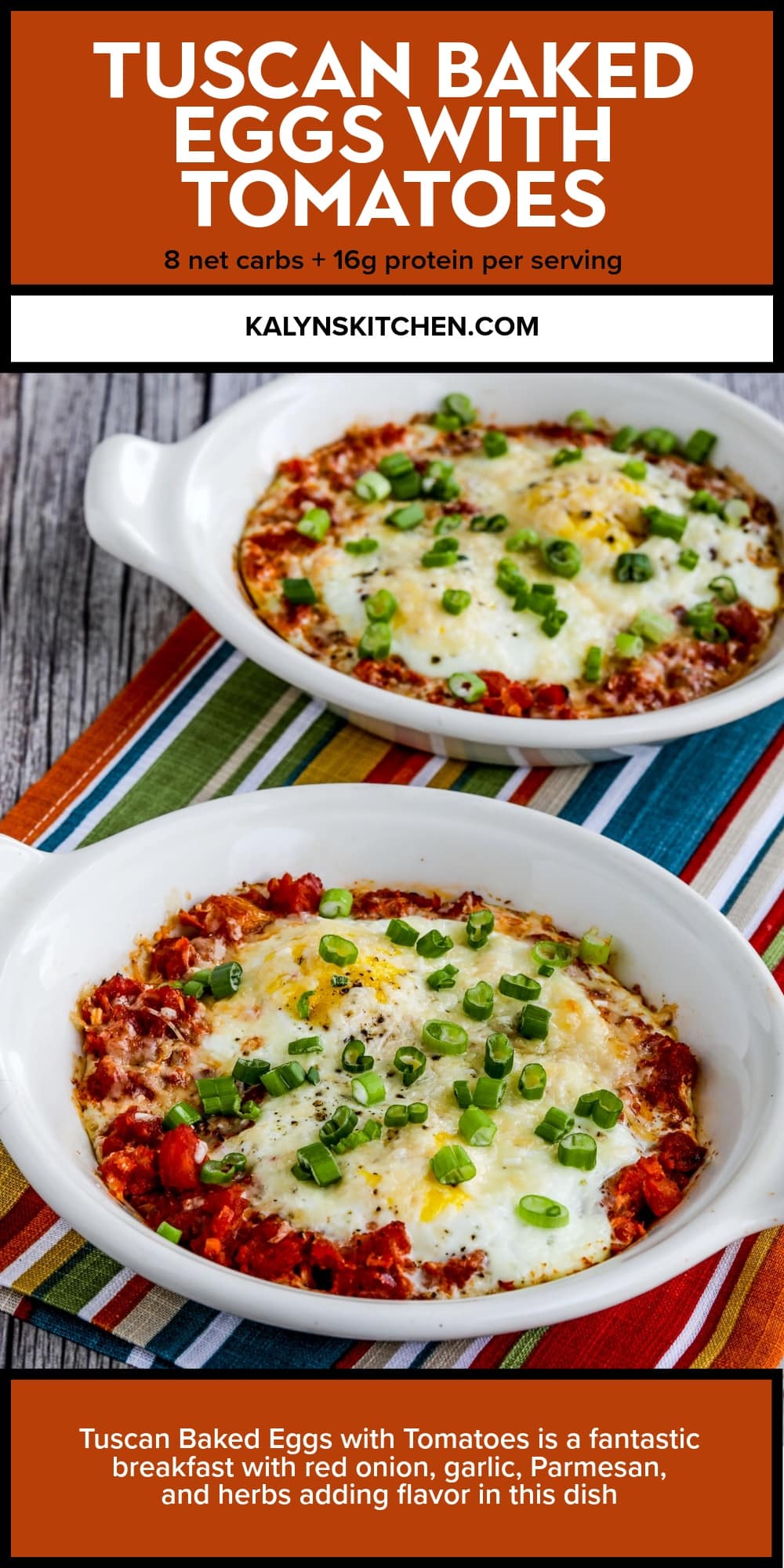Pinterest image of Tuscan Baked Eggs with Tomatoes