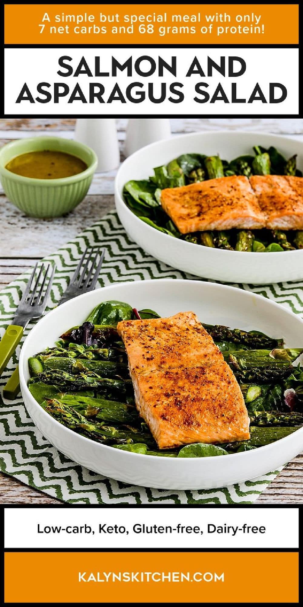 Pinterest image for Salmon and Asparagus Salad showing two salads in serving bowl.