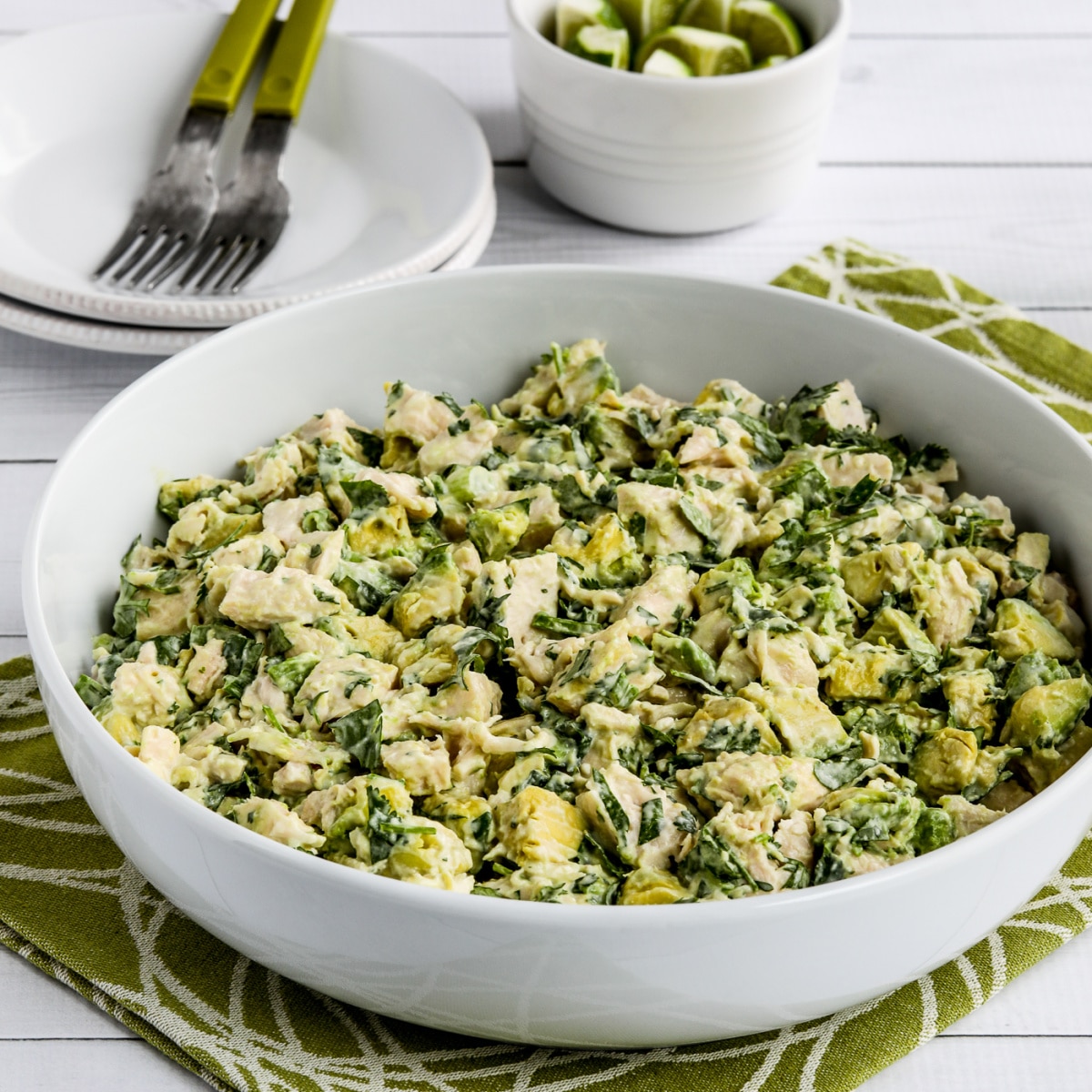 Square image for Chicken and Avocado Salad with Lime and Cilantro shown in serving bowl.