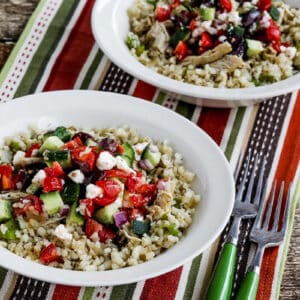 Instant Pot Cauliflower Rice Greek Chicken Bowls square image of bowls on striped napkin