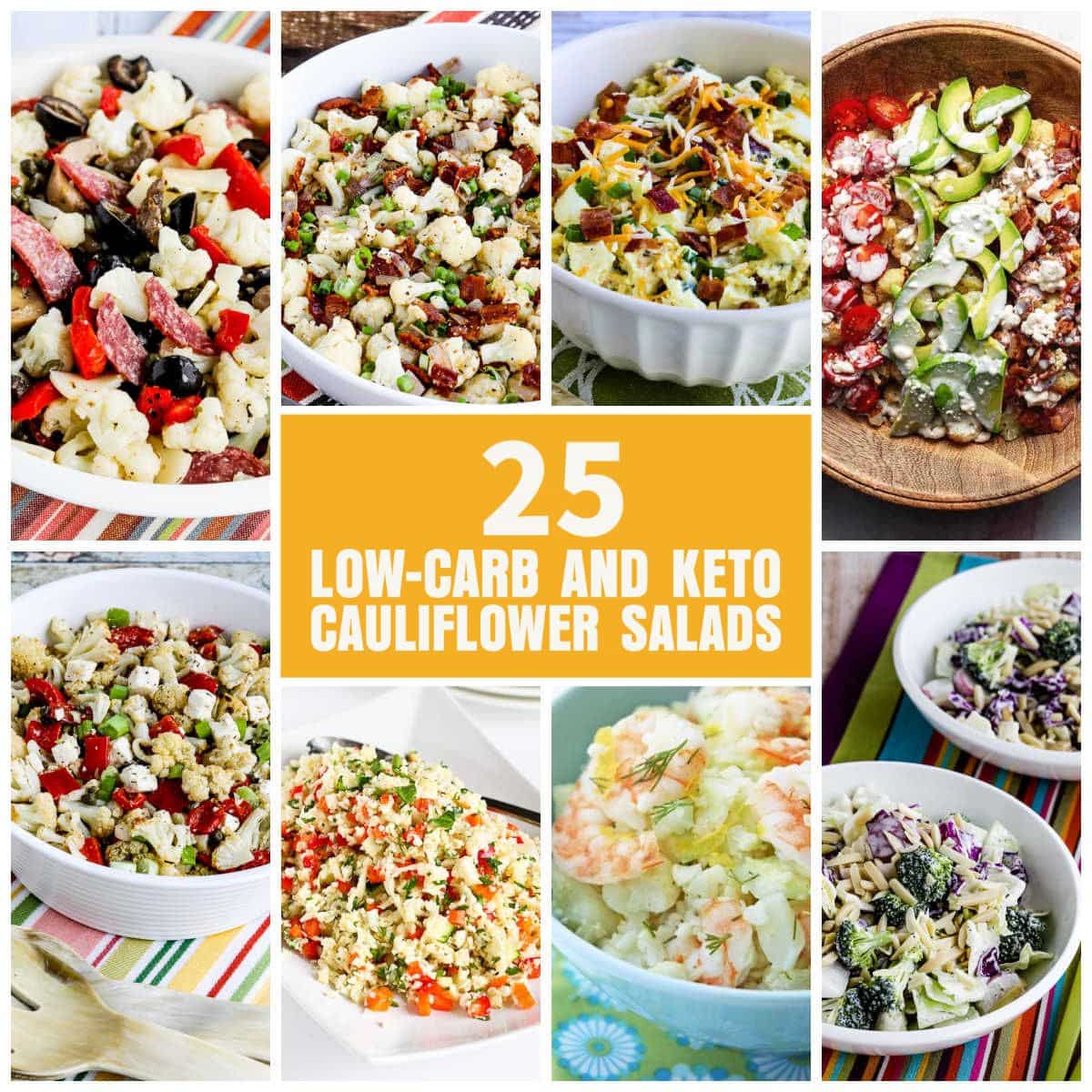 25 Low-Carb and Keto Cauliflower Salads text overlay collage showing featured recipes.