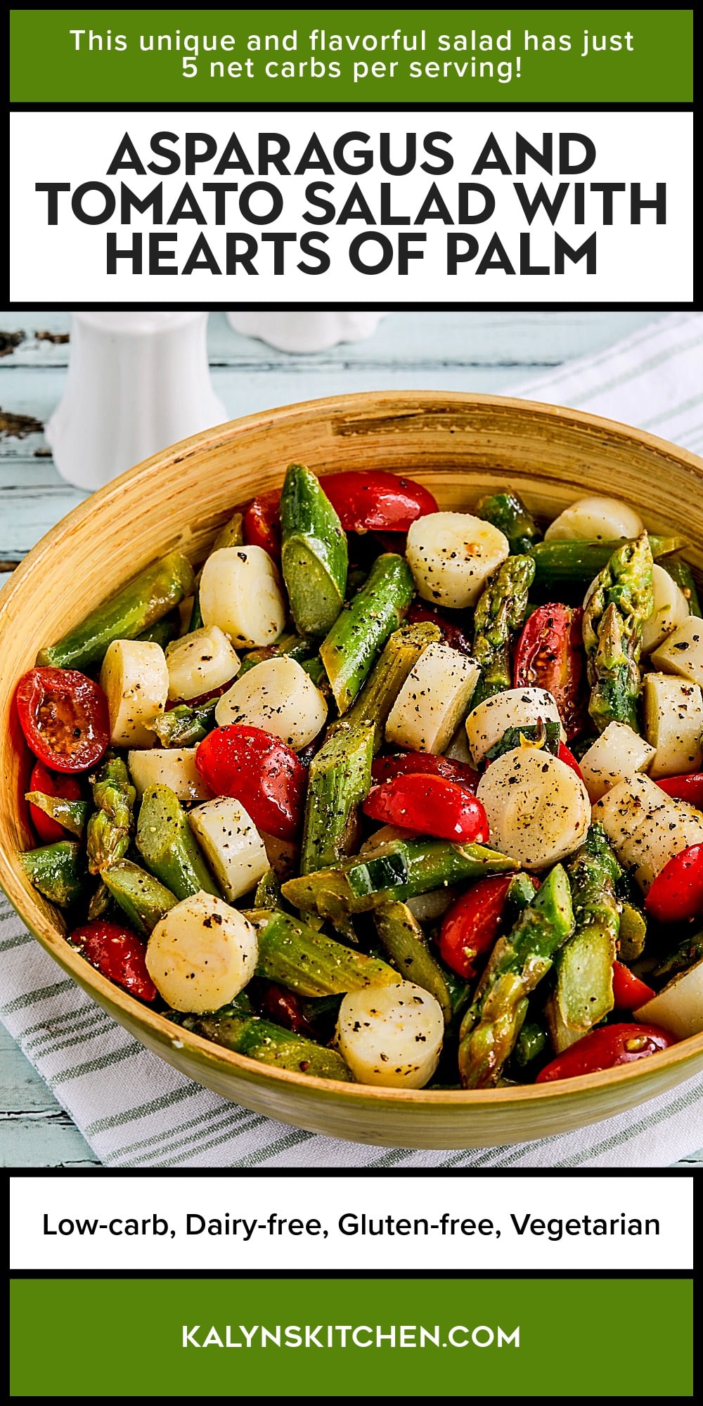 Pinterest image of Asparagus and Tomato Salad with Hearts of Palm