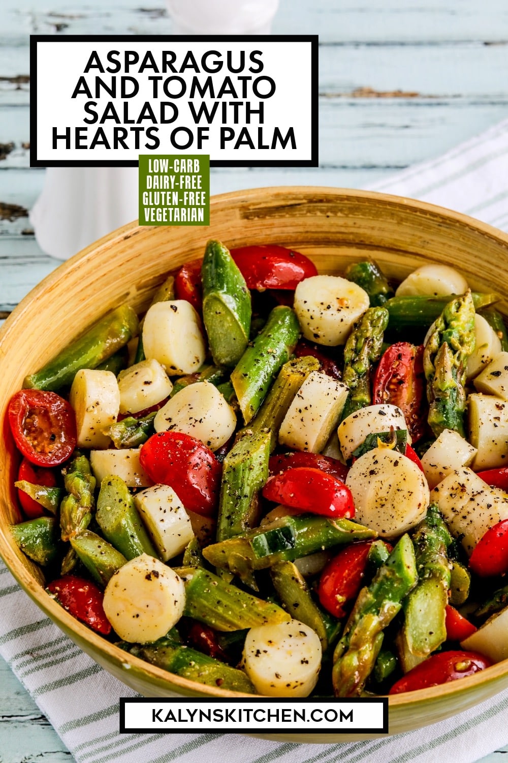 Pinterest image of Asparagus and Tomato Salad with Hearts of Palm