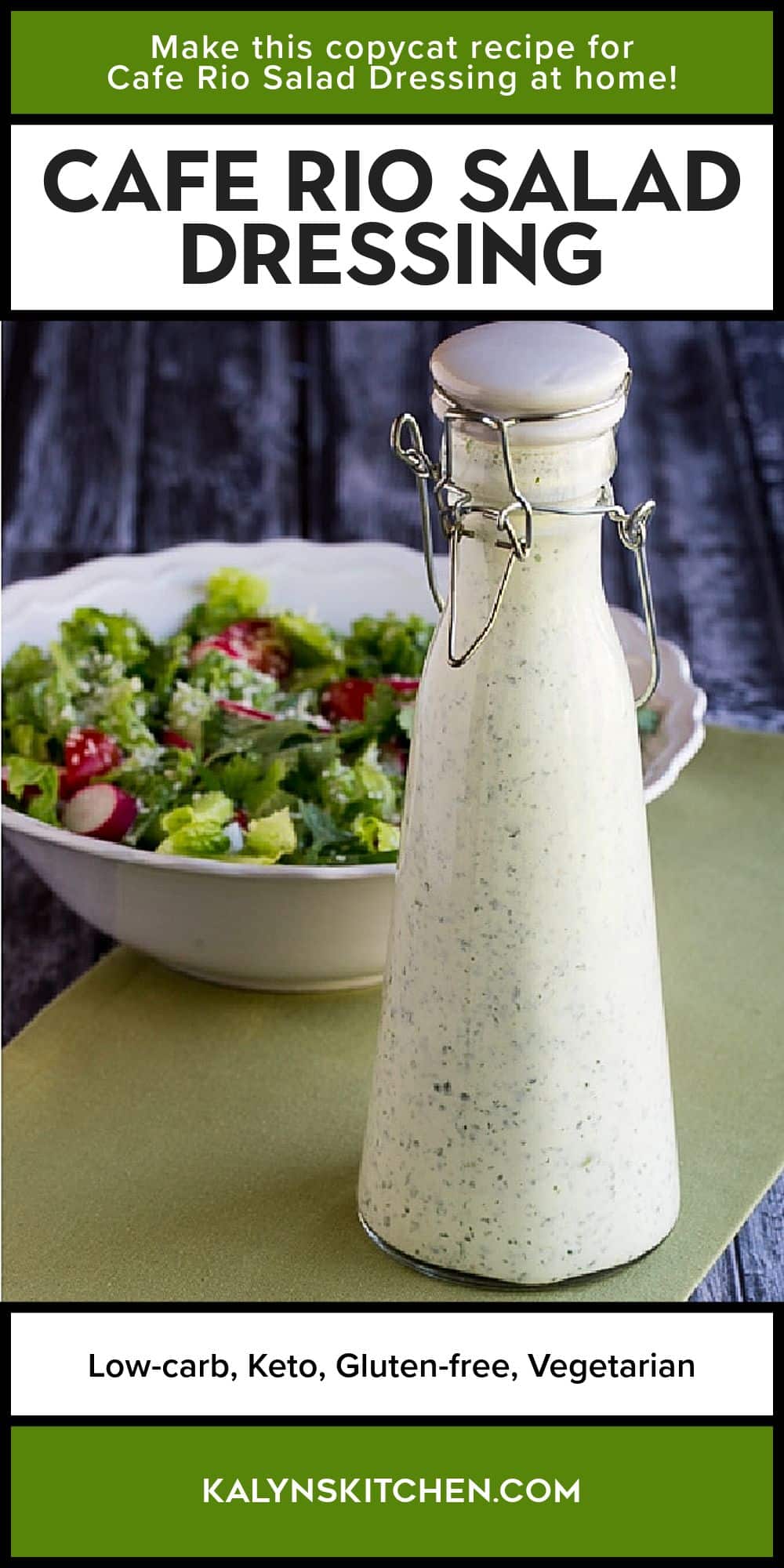 Pinterest image for Cafe Rio Salad Dressing in bottle with salad in back.