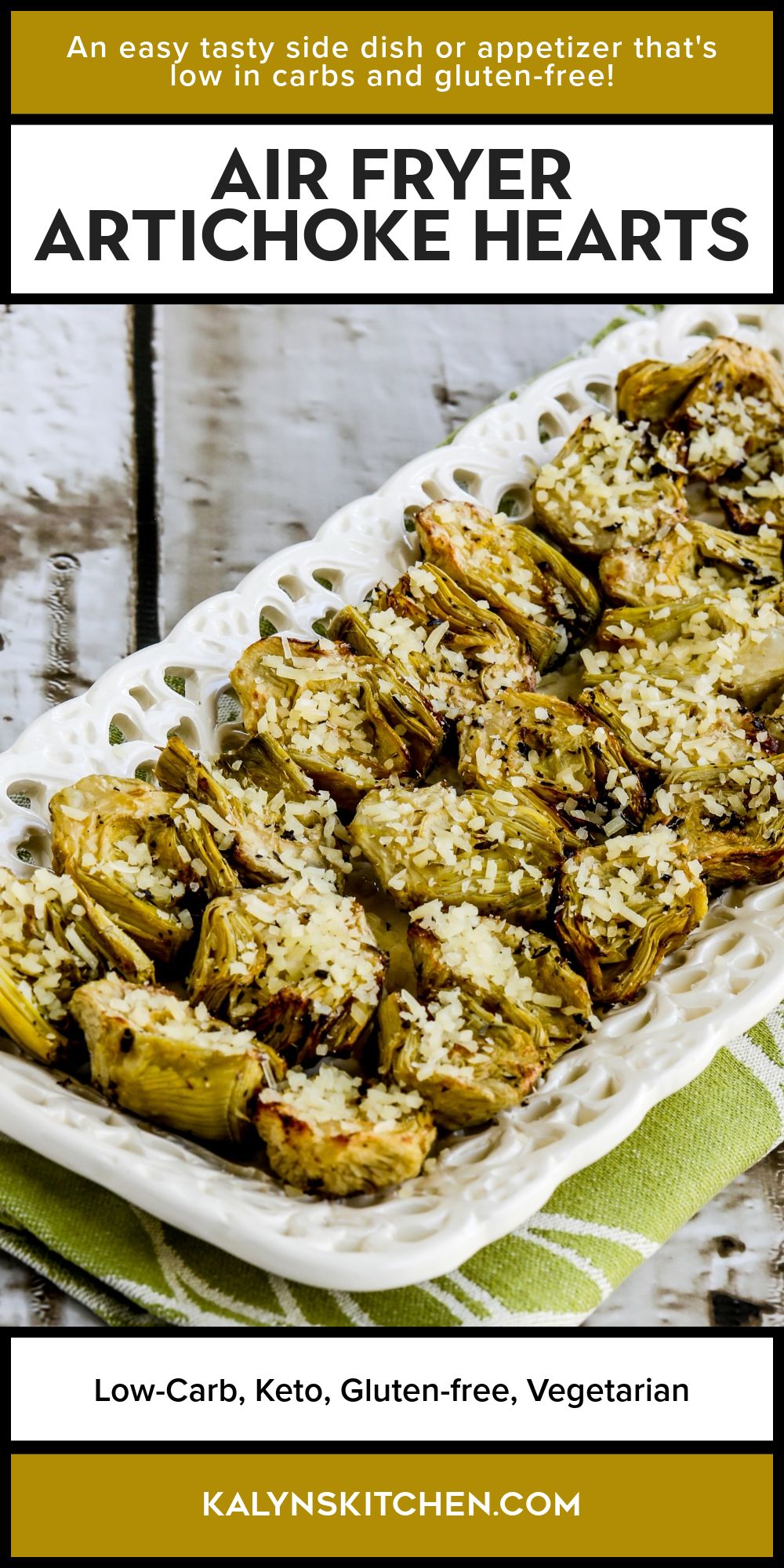 Pinterest image for Air Fryer Artichoke Hearts shown on serving platter.