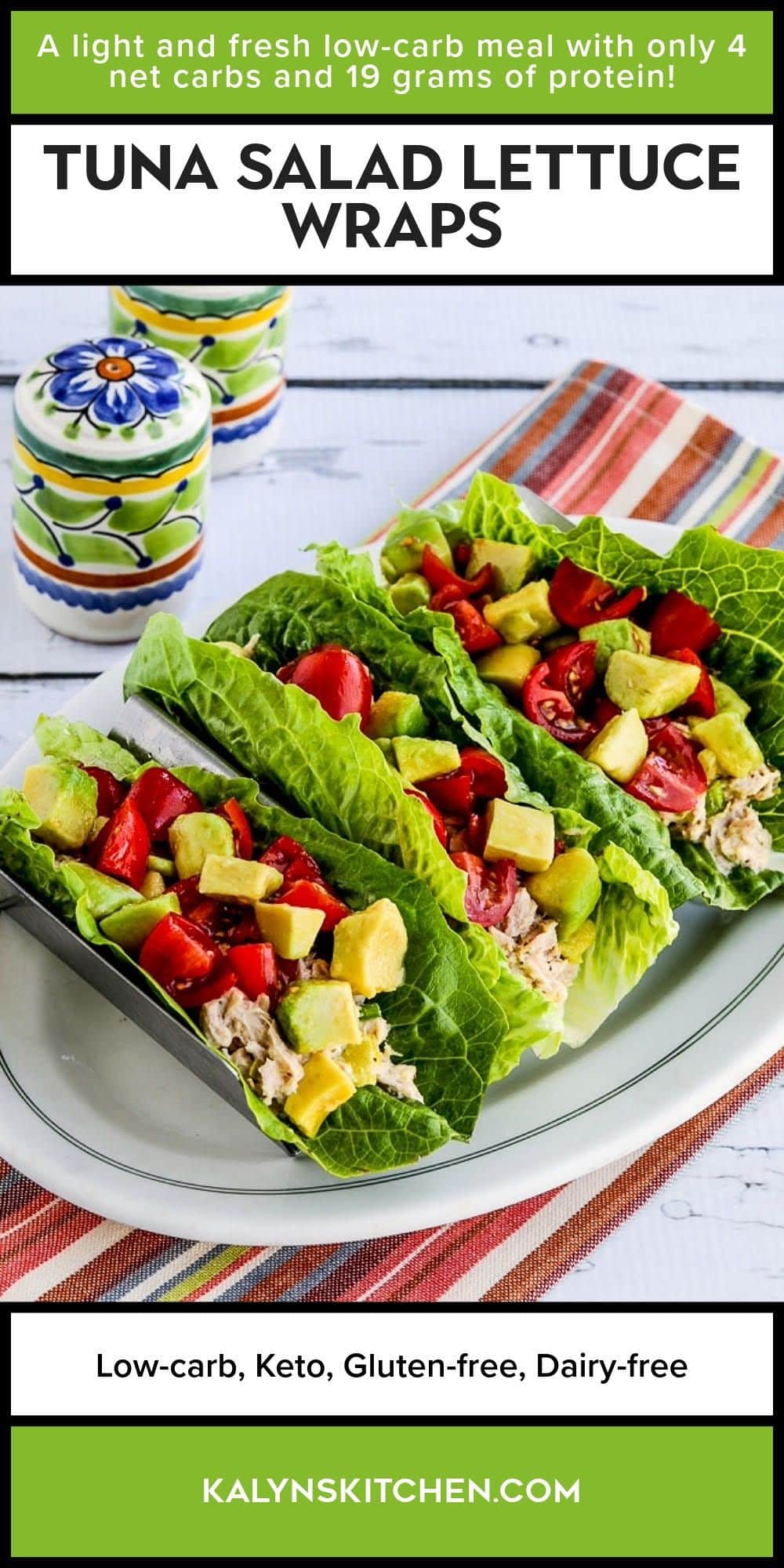 Pinterest image for Tuna Salad Lettuce Wraps shown on serving plate.