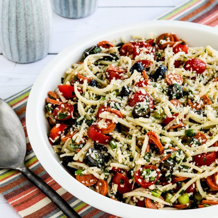 Low-Carb Italian Pasta Salad with Palmini Pasta, finished salad in serving bowl