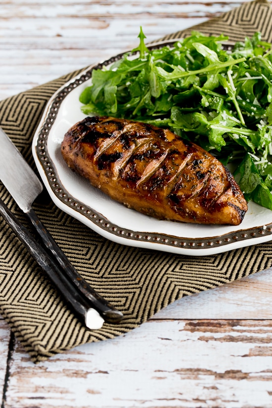 Grilled Chicken with Balsamic Vinegar shown on serving plate with greens
