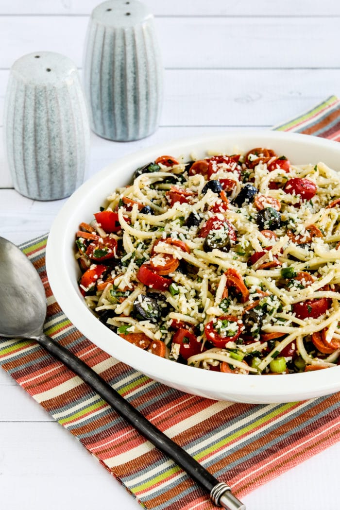 Low-Carb Italian Pasta Salad with Palmini Pasta finished salad in serving bowl