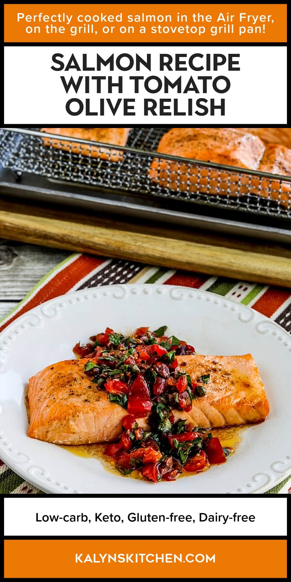 Pinterest image of Salmon Recipe with Tomato Olive Relish
