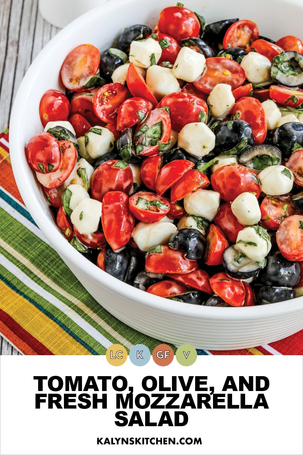 Pinterest image of Tomato, Olive, and Fresh Mozzarella Salad