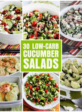 Collage image for 30 Low-Carb Cucumber Salads with photos of featured recipes.