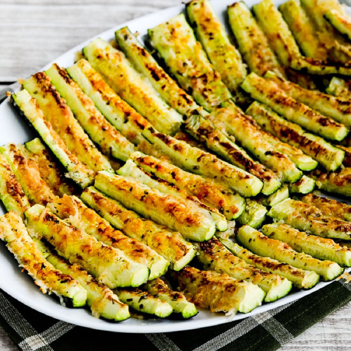square image of Parmesan Encrusted Zucchini on serving plate