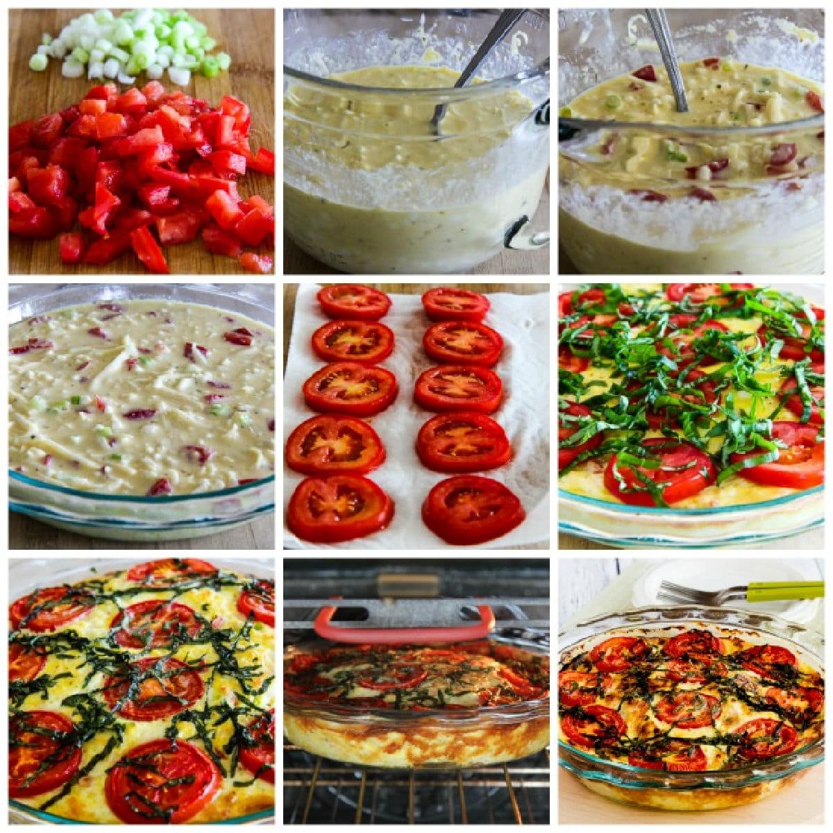 process shots collage for Crustless Three-Cheese Tomato-Basil Quiche