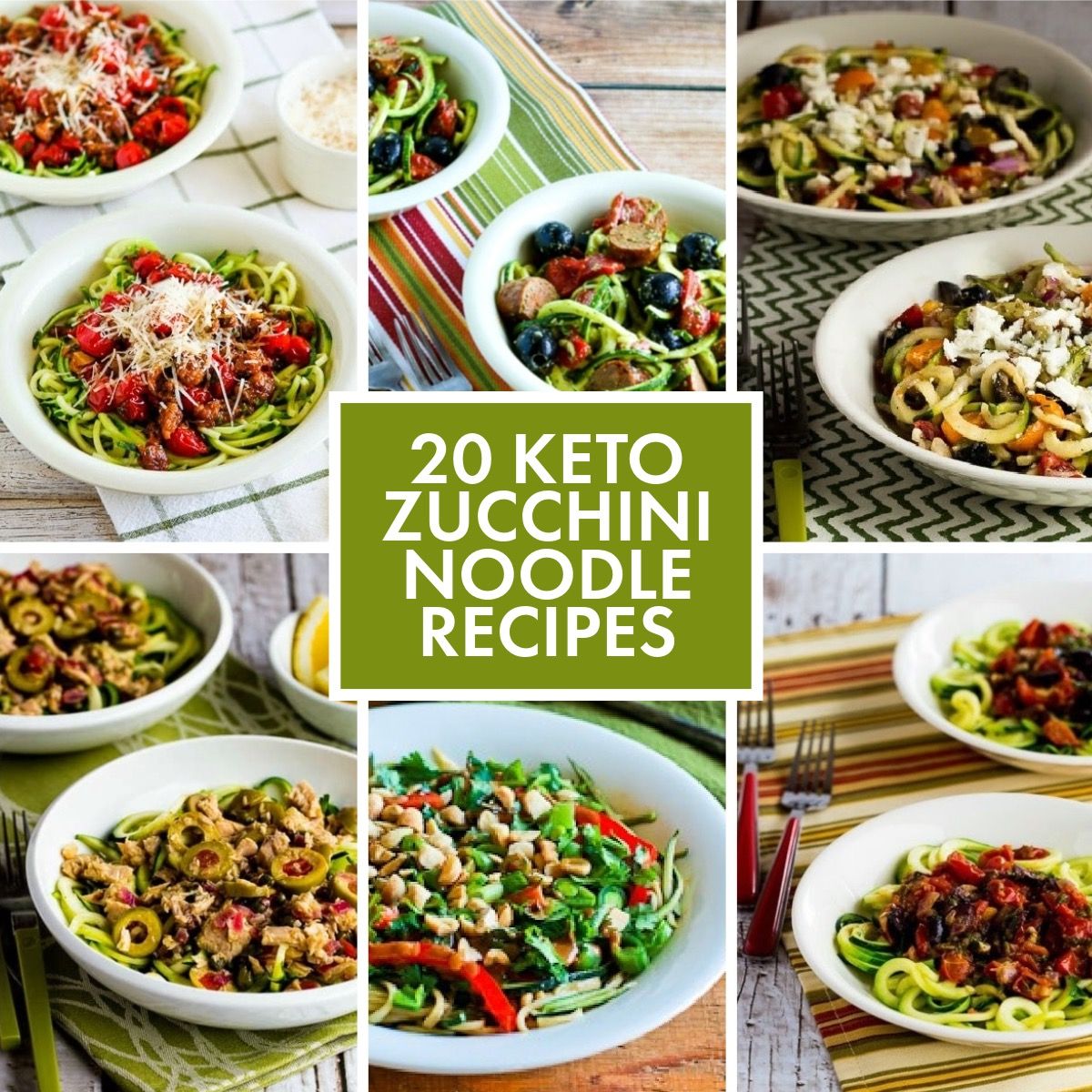 Text overlay collage for 20 Keto Zucchini Noodle Recipes showing featured recipes.