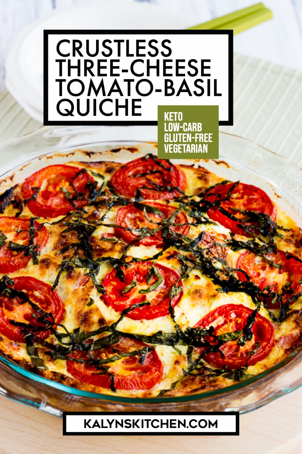 Pinterest image of Crustless Three-Cheese Tomato-Basil Quiche