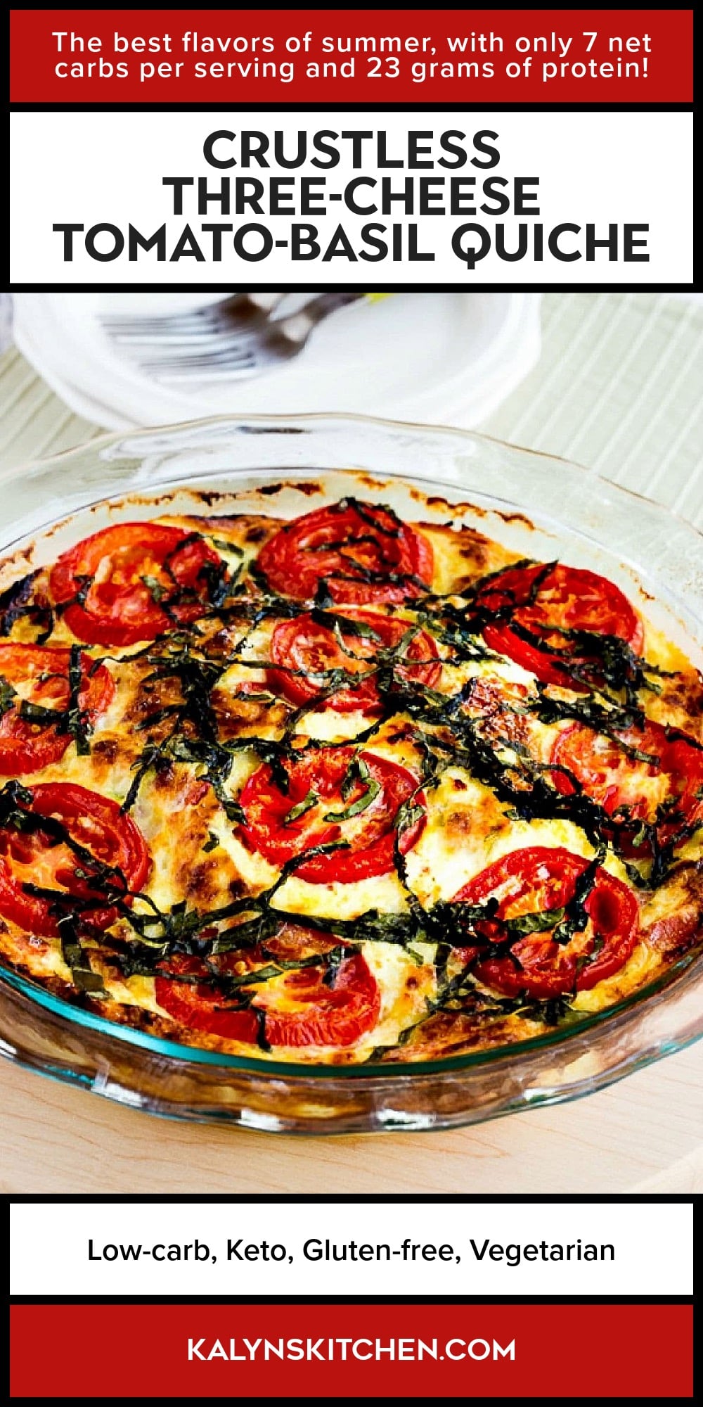 Pinterest image of Crustless Three-Cheese Tomato-Basil Quiche