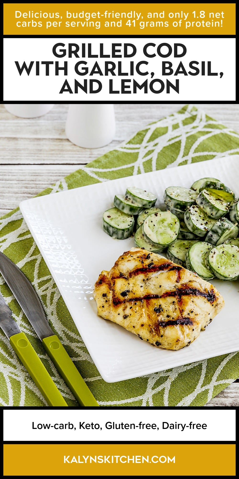 Pinterest image of Grilled Cod with Garlic, Basil, and Lemon