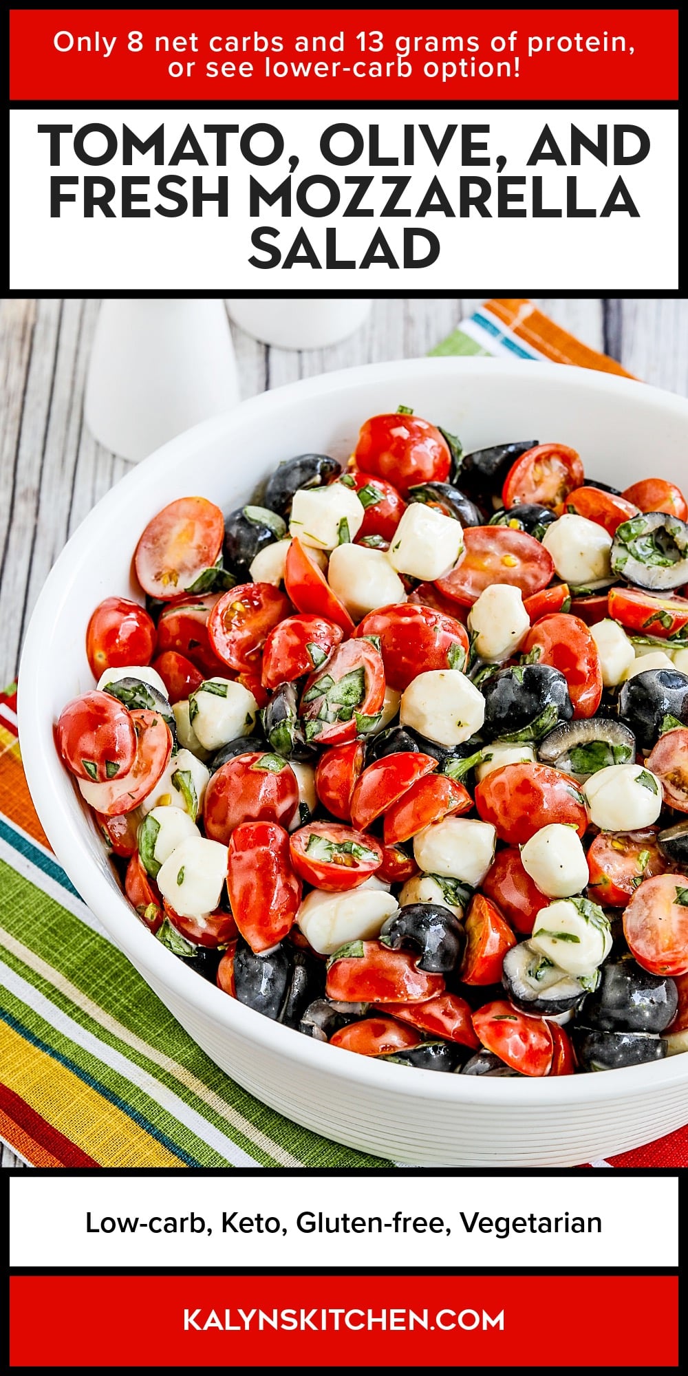 Pinterest image of Tomato, Olive, and Fresh Mozzarella Salad