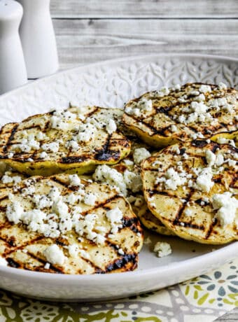 Square image for Grilled Patty Pan Squash shown in serving platter.