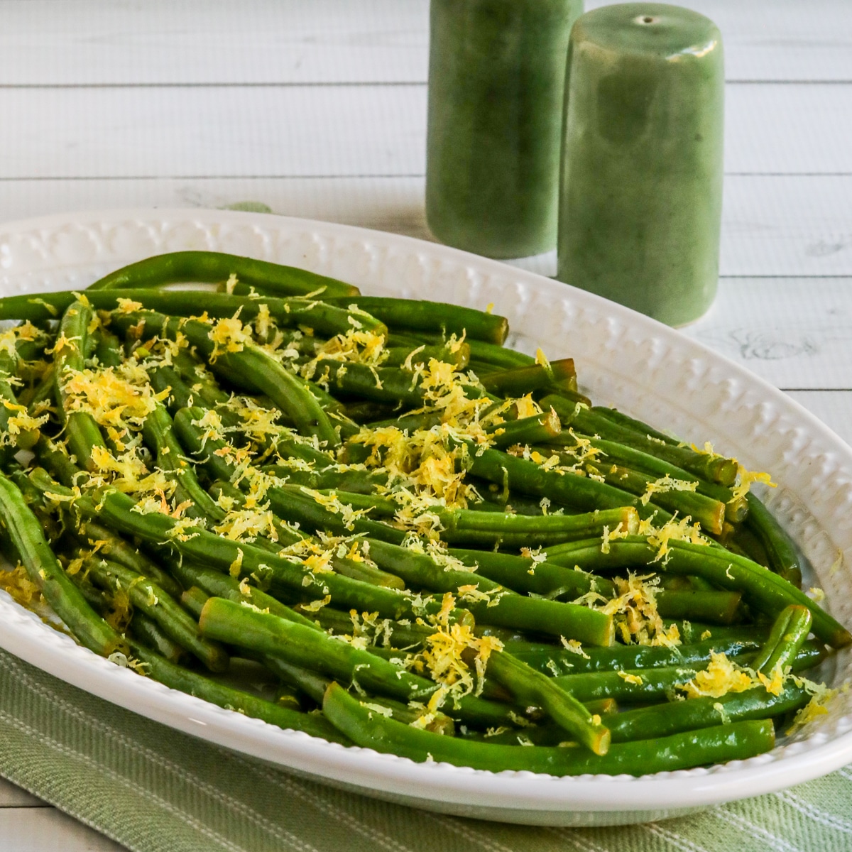 Square image of Lemon Green Beans on serving plate.