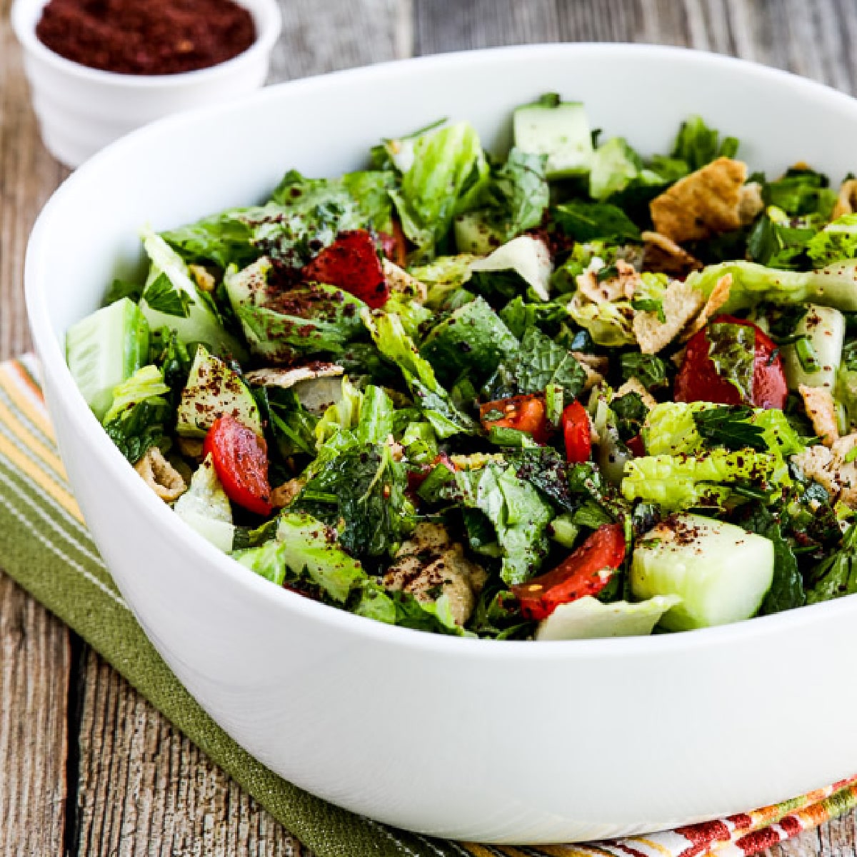 square image of Fattoush Lebanese Salad in serving bowl