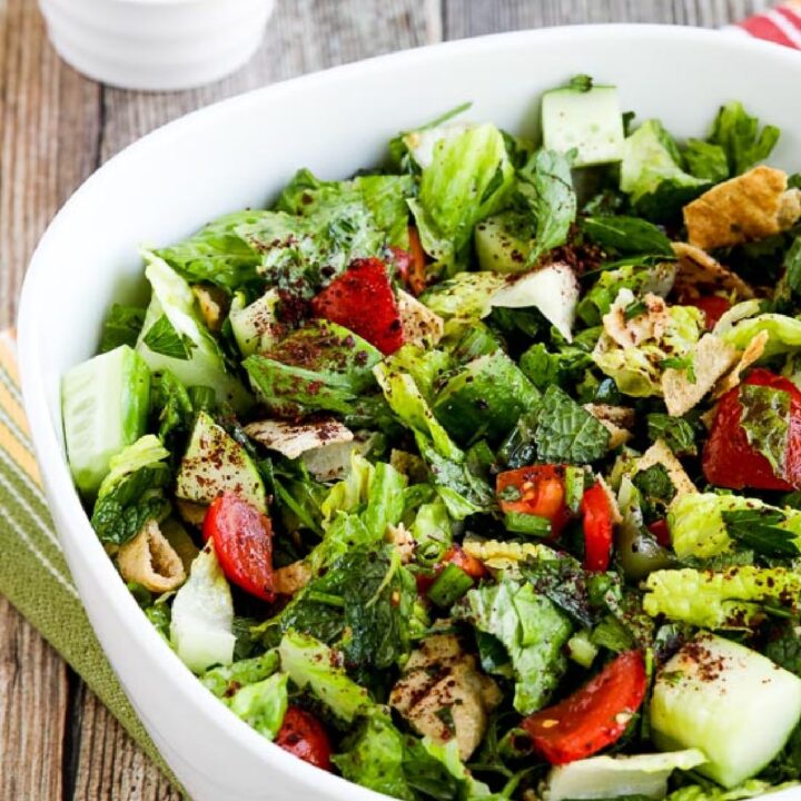 Fattoush Lebanese Salad in serving dish with Sumac in background