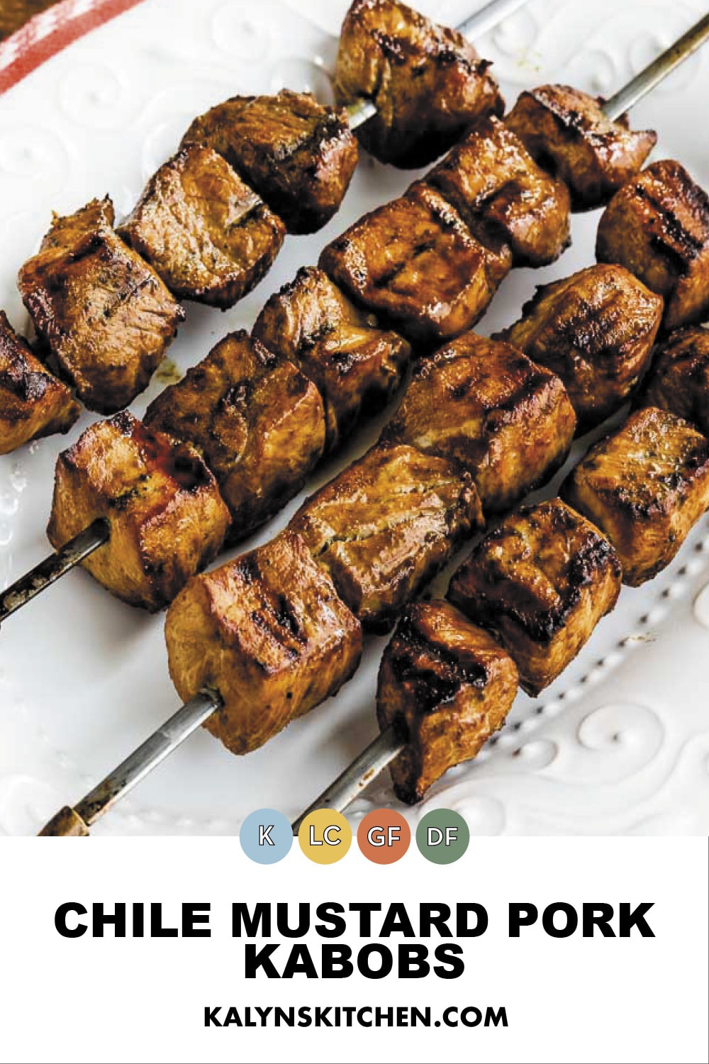 Chile Mustard Pork Kabobs have an interesting marinade that adds amazing flavor to the pork, and this recipe is extra low in carbs! And pork kabobs are fun for a different take on grilled meat on a stick! [found on KalynsKitchen.com] #ChiliMustardPorkKabobs #PorkKabobs
