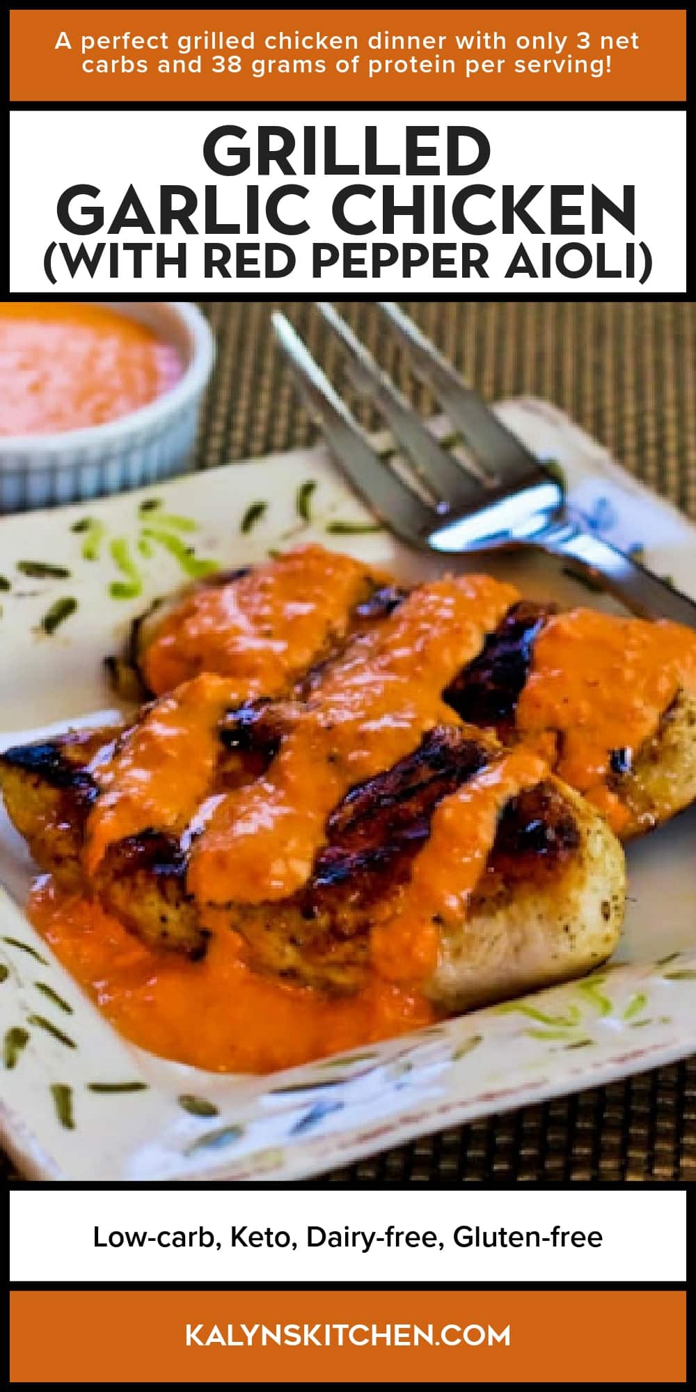 Pinterest image of Grilled Garlic Chicken (with Red Pepper Aioli)
