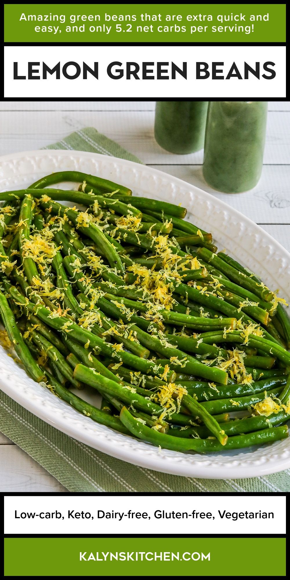 Pinterest image of Lemon Green Beans on serving plate, with salt and pepper in back.