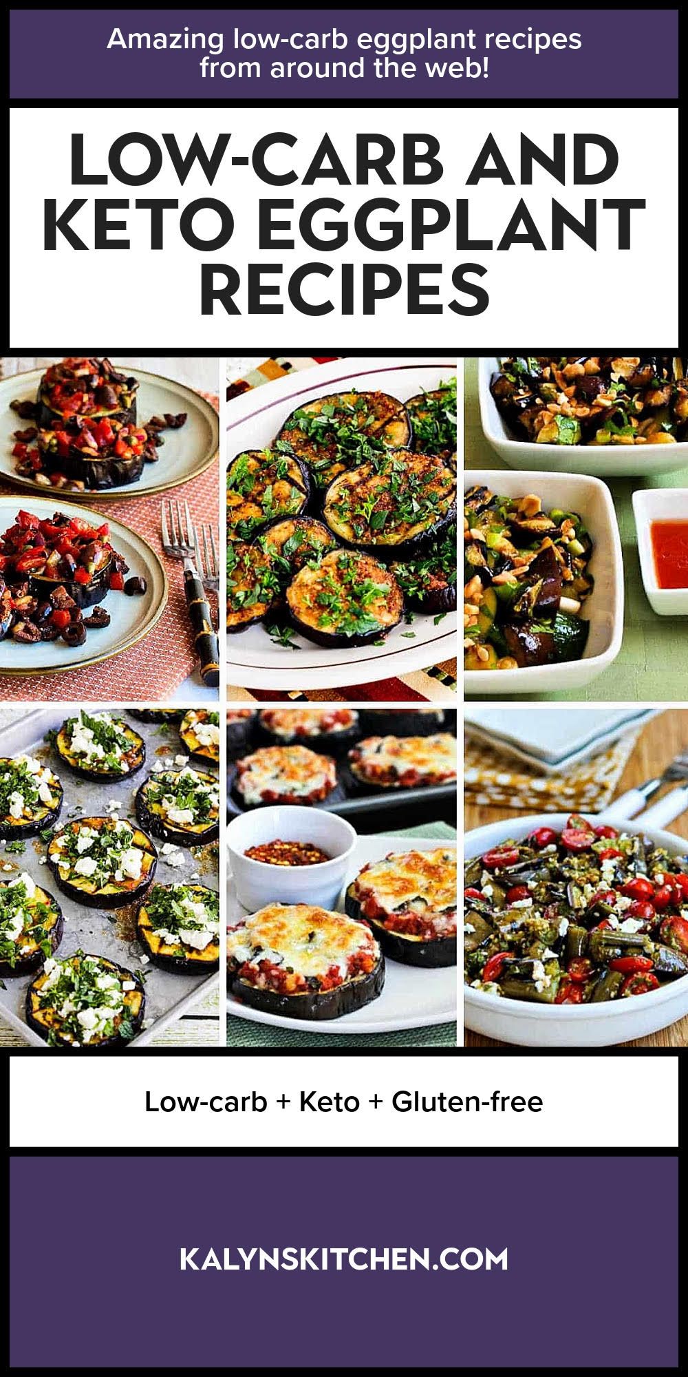 Pinterest image for Low-Carb and Keto Eggplant Recipes with collage showing featured recipes.