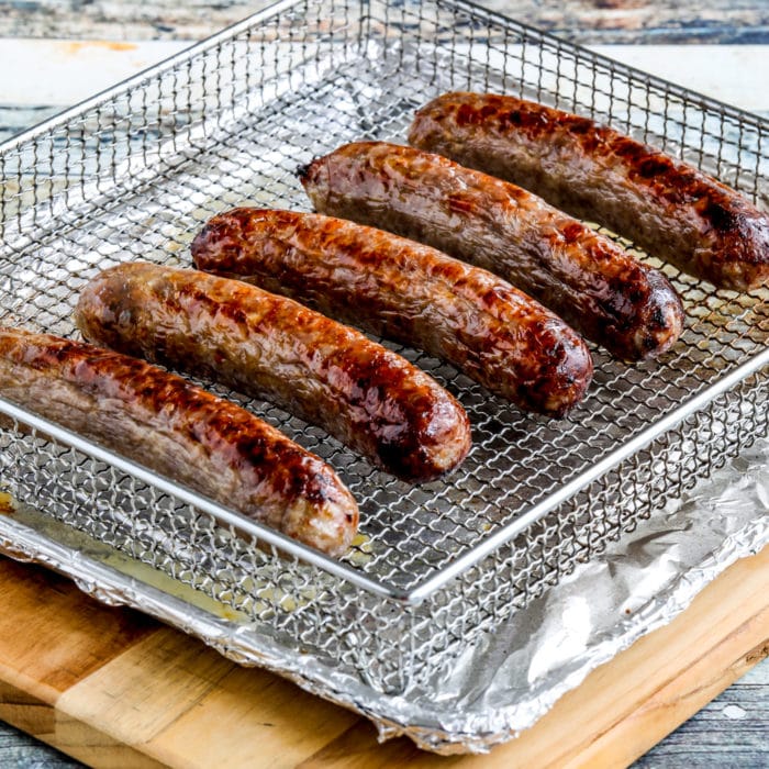 square image of Air Fryer Brats shown in Air Fryer basket