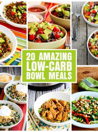 20 Amazing Low-Carb Bowl Meals collage of featured recipe photos with text overlay.