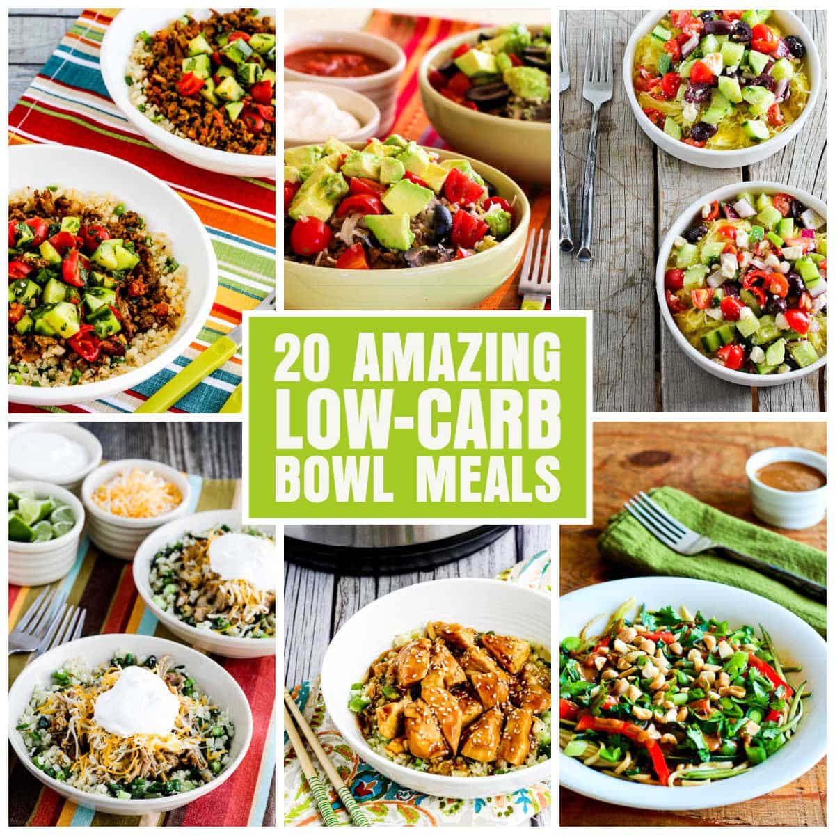 20 Amazing Low-Carb Bowl Meals collage of featured recipe photos with text overlay.