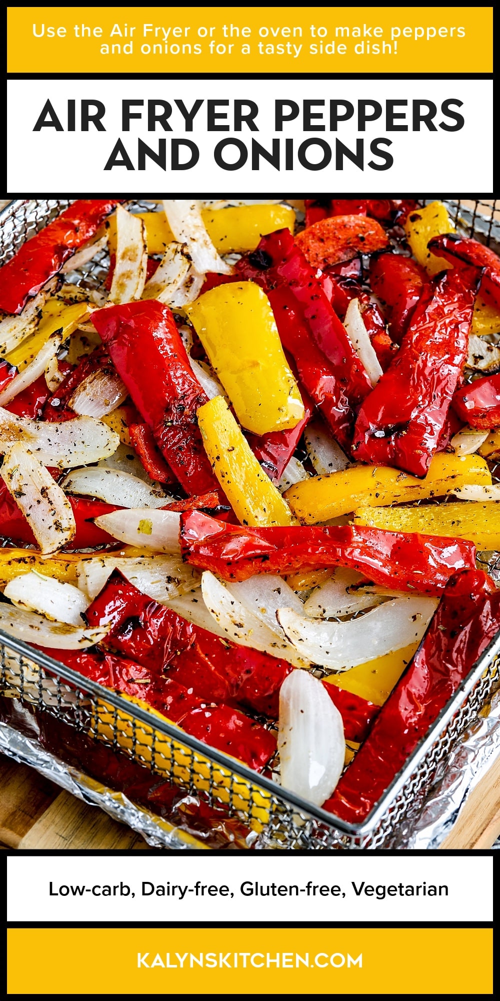 Pinterest image of Air Fryer Peppers and Onions