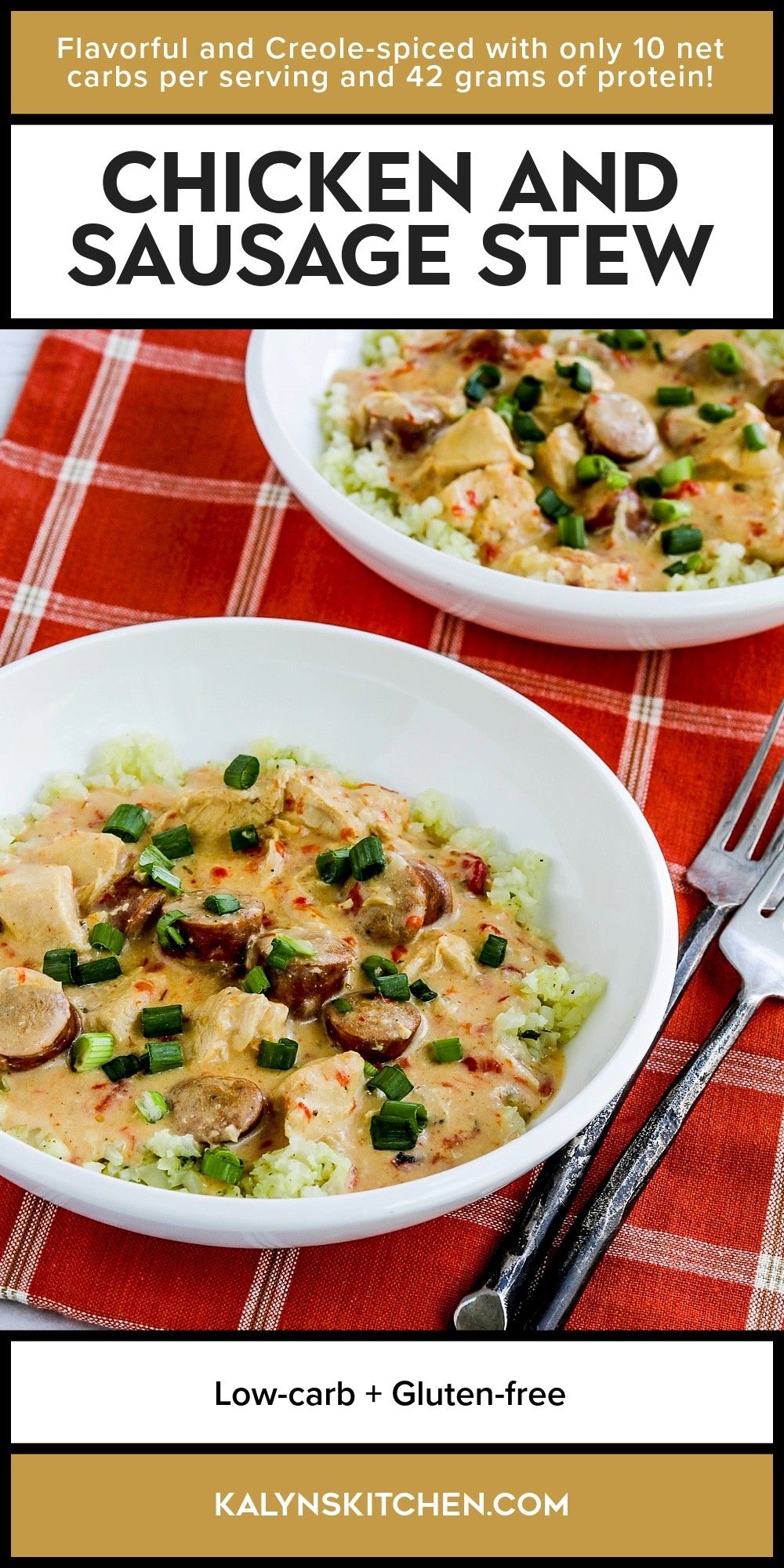 Pinterest image for Chicken and Sausage Stew showing it in two serving bowls.