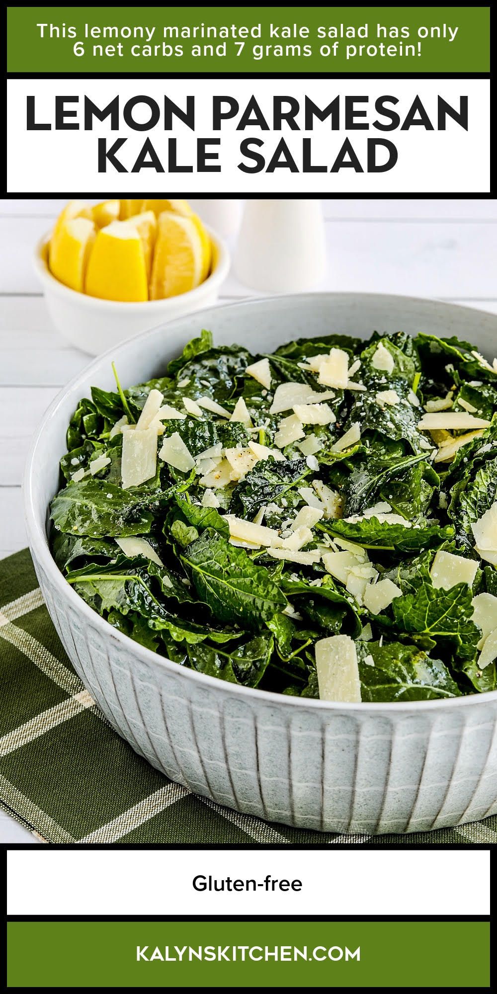 Pinterest image for Lemon Parmesan Kale Salad shown in serving bowl with cut lemons in back.