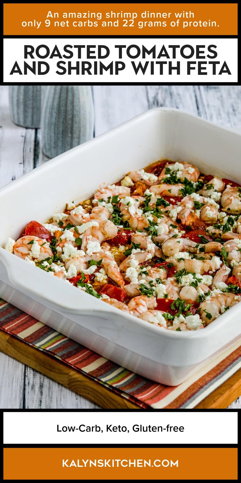 Pinterest image of Roasted Tomatoes and Shrimp with Feta