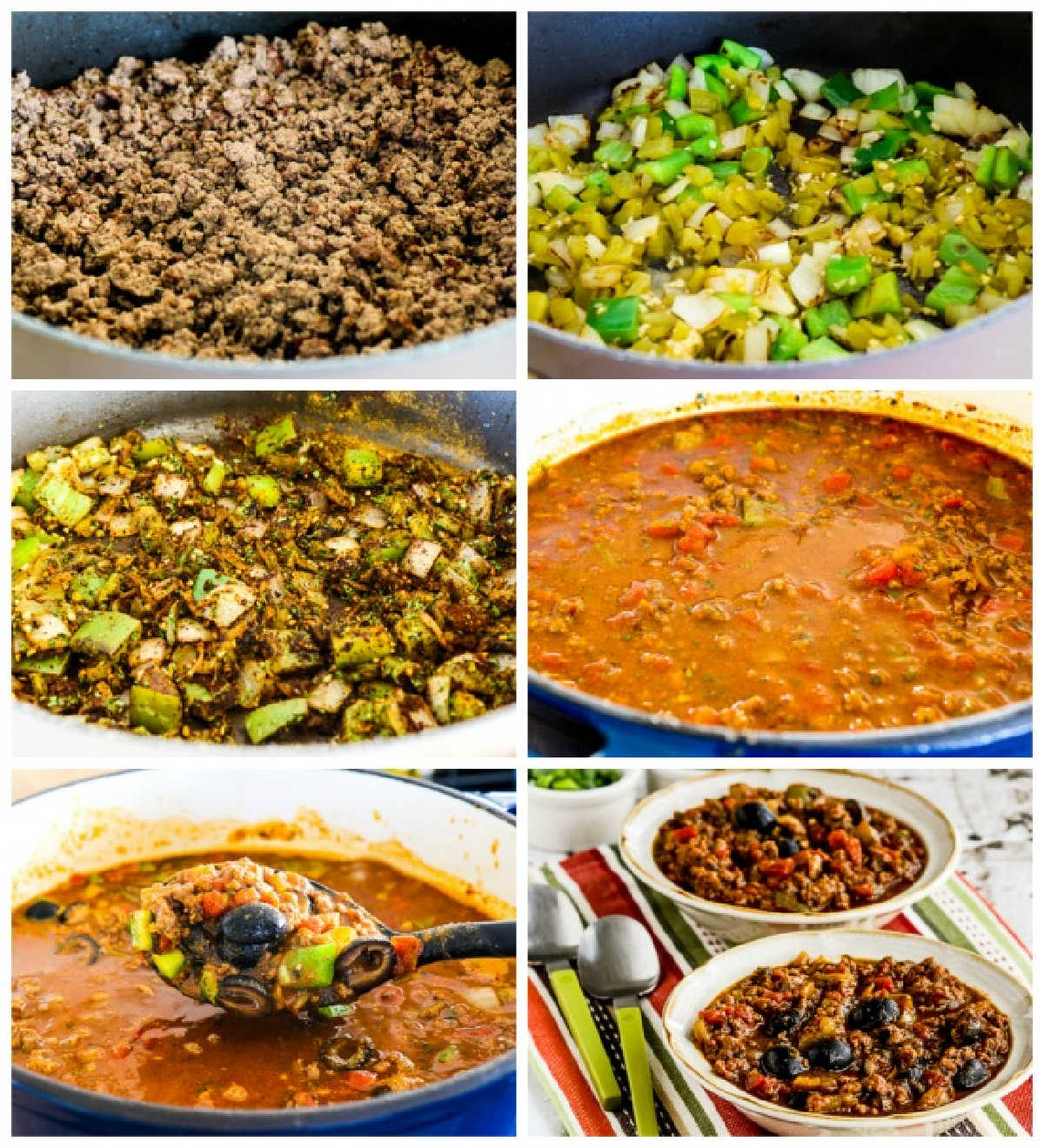 recipe steps collage for Pumpkin Chili with Beef, Peppers, and Olives