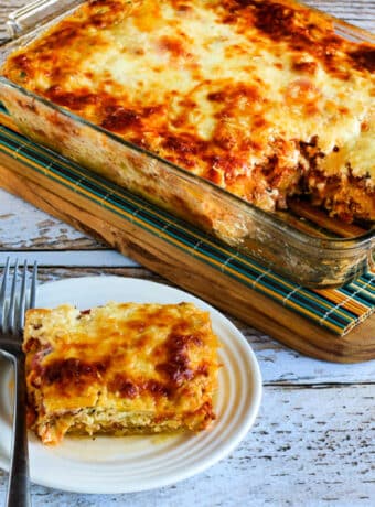 square image of Mock Lasagna Spaghetti Squash Casserole with one serving on plate